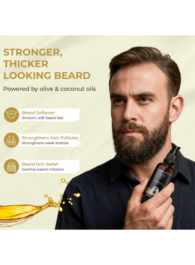SZ Star Beard Oil 100ml - Beard Growth Oil for Thicker Beard, Natural Beard Conditioner & Beard Softener with Avocado, Almond & Sesame Oils, Beard Itch Relief & Nourishing Facial Hair Care for Men - Image 4